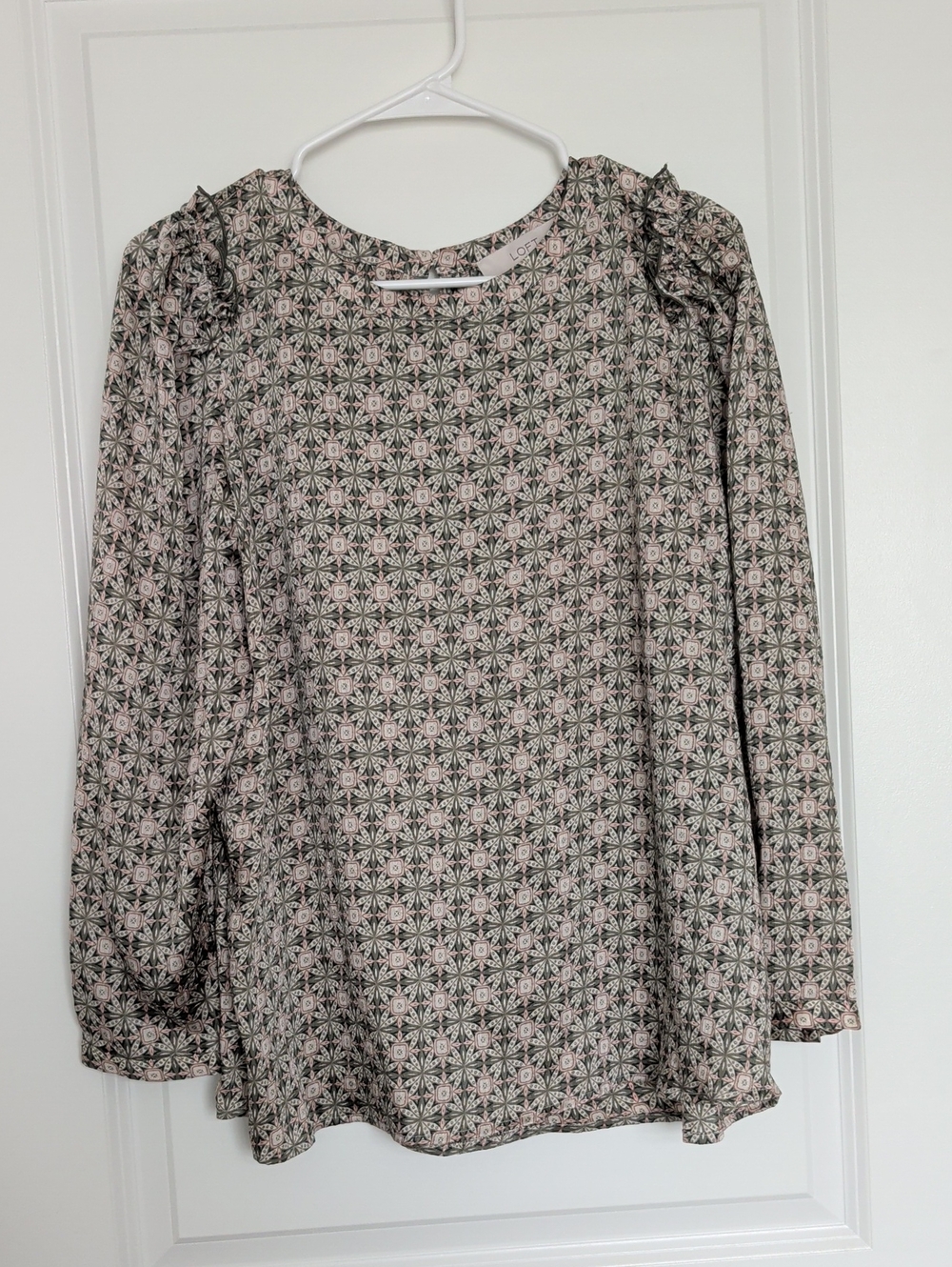 LOFT Green and Pink Geometric Floral Long-Sleeve Blouse